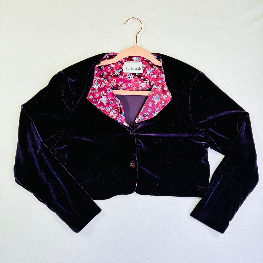 Just Sarah Women Purple Velvet Cropped Jacket Floral Lapel Evening Bolero Blazer